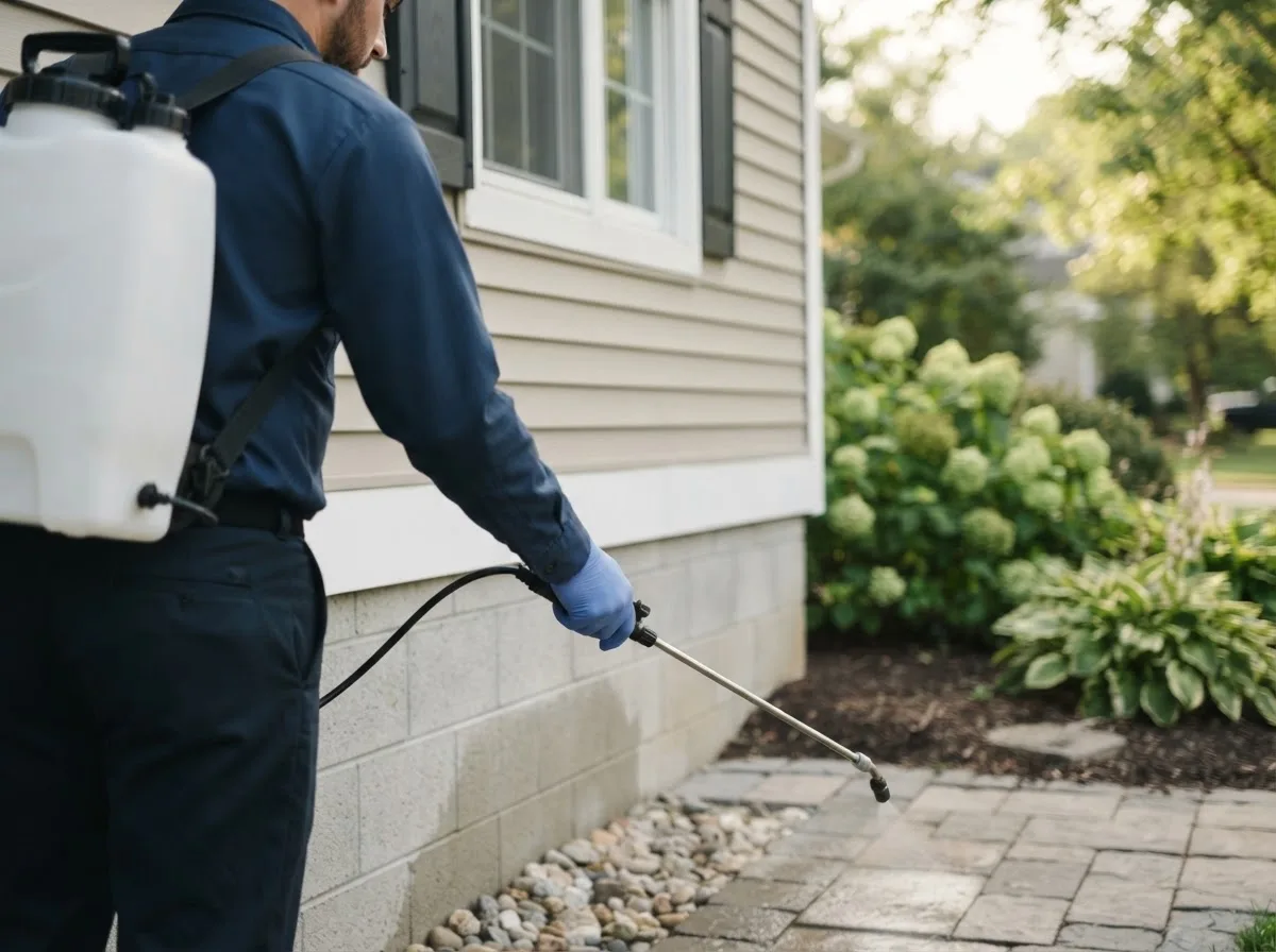 Pest control technician inspecting a home in Washburn, MO